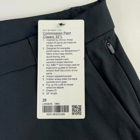 Lululemon Mens Commission Pants Black Stretch Wrinkle Resistant 28x32 New - Picture 9 of 12